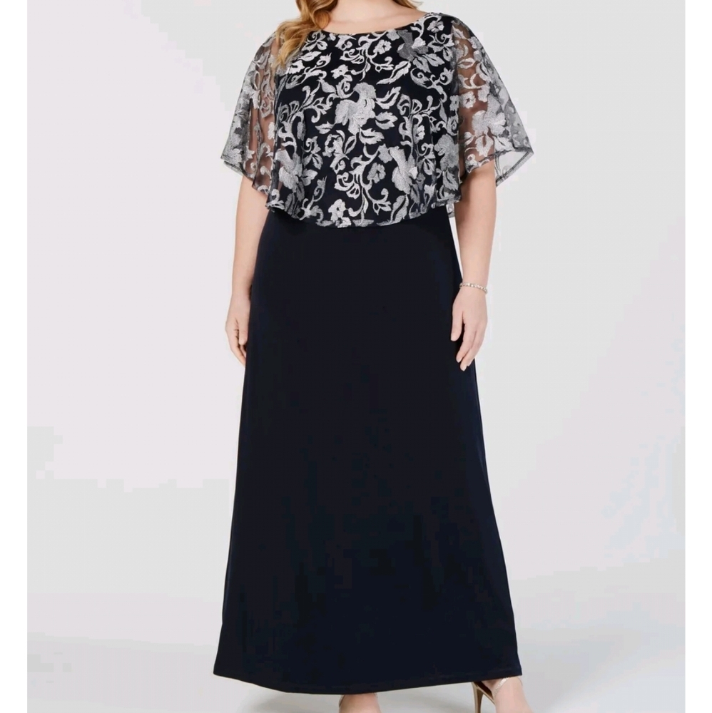 CONNECTED APPAREL Womens Navy Floral Jewel Neck Maxi Formal Dress Plus 16W